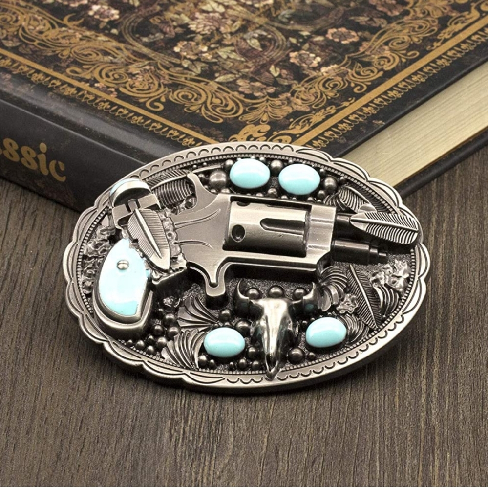 New Western steer bull cowboy turquoise revolver pistol gun Belt buckle